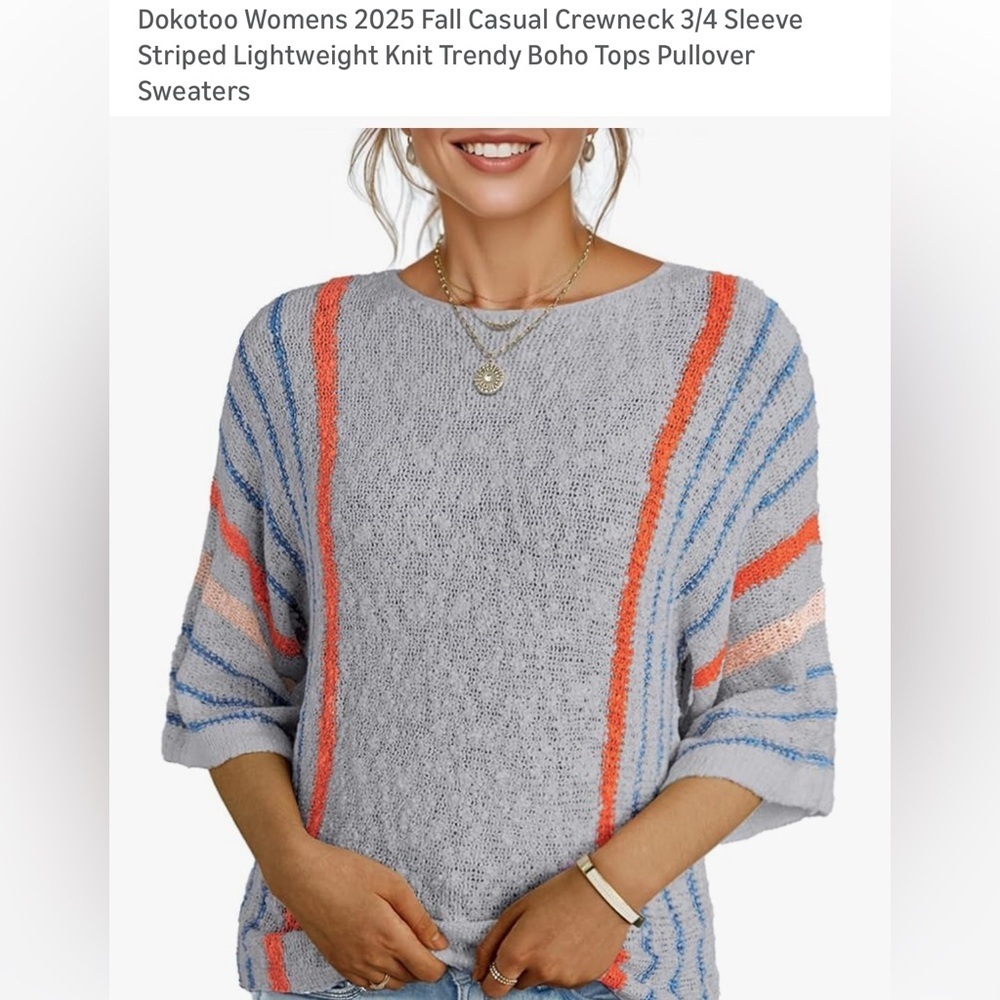 NWT-Casual Crewneck 3/4 Sleeve Striped Lightweight Knit Trendy Boho Top Pullover